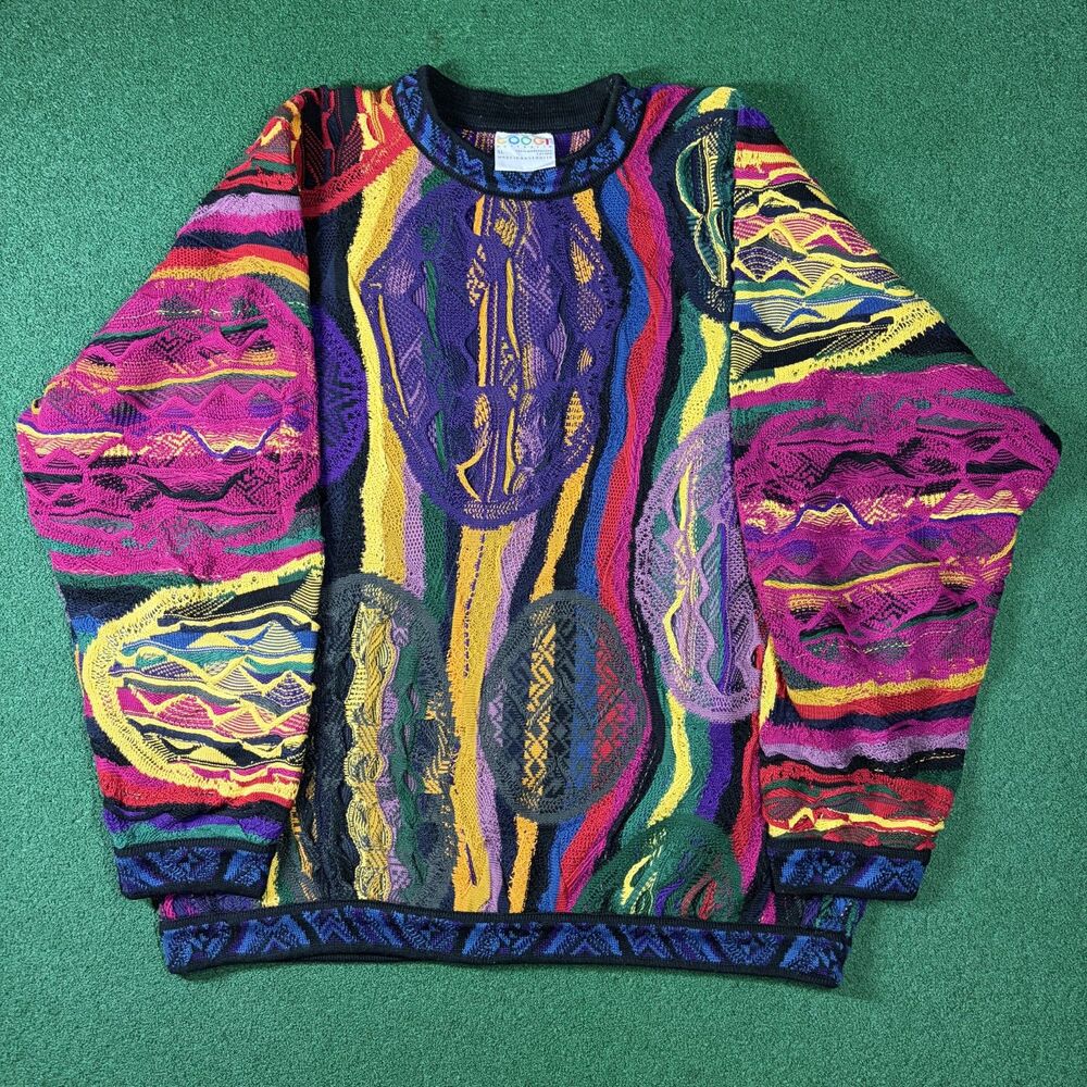 Size XL-Men's Vintage COOGI Australia 3D Knit Multicolor Sweater 100% Cotton 90s